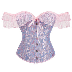 Voguable Womens Bustier Overbust Corselet Lace Up Short Sleeve Sheer Corset Bluse Costume Crop Top voguable