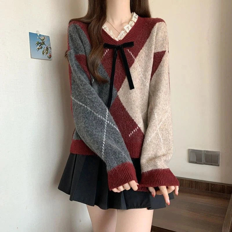Sweet Bow Argyle Sweaters Women Retro Preppy Style Loose Knitted Pullover Lace Patchwork Long Sleeve Female Vintage Jumpers Fall voguable