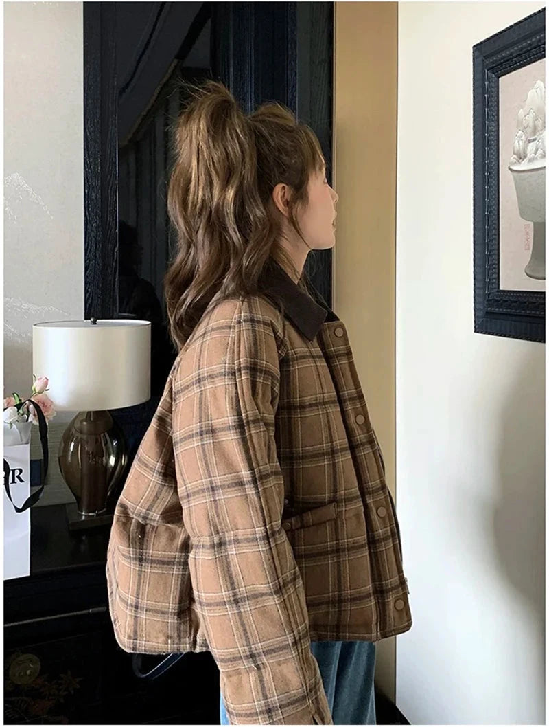 Warm Vintage Plaid Parkas Women Loose Long Sleeve Winter Thick Cotton Coat Korean Casual Pockets Cute Sweet Jacket Tops New voguable