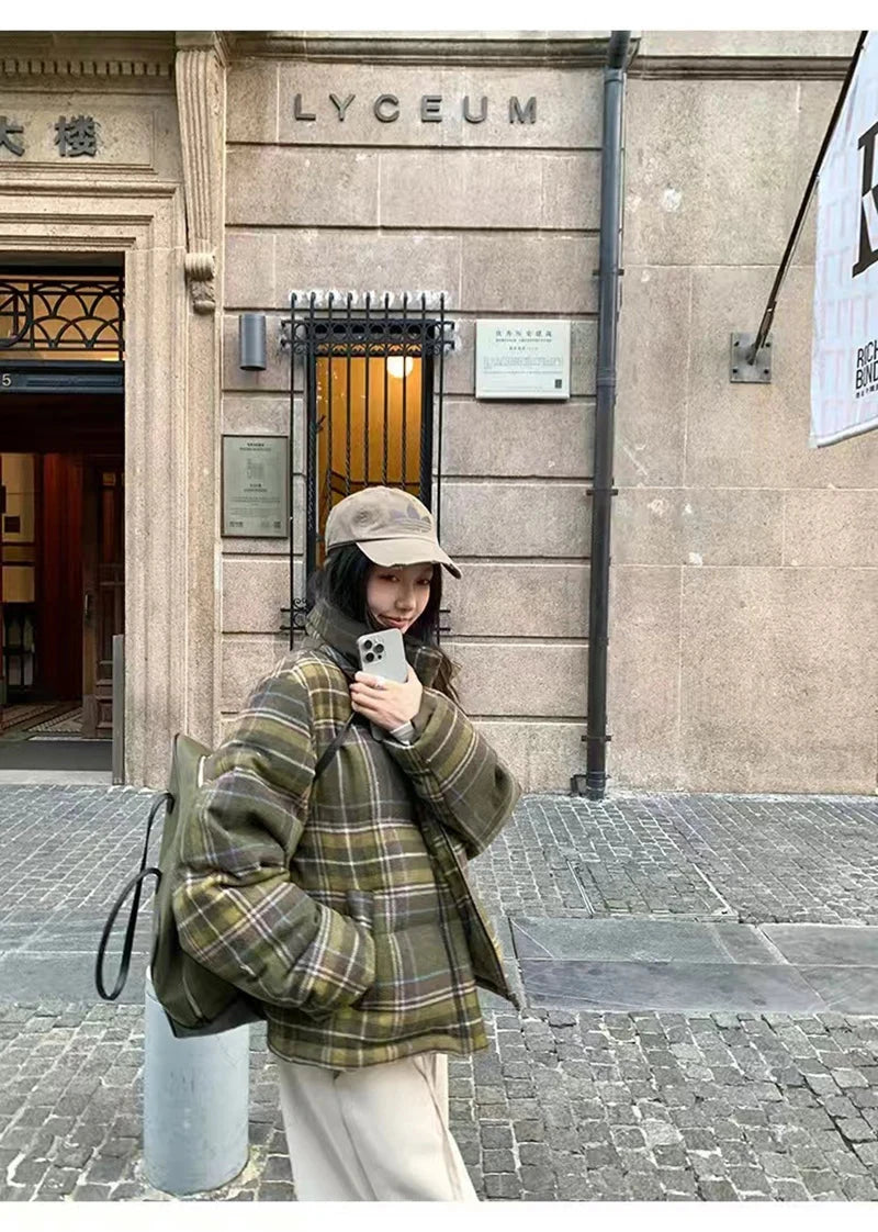 Retro Streetwear Y2K Plaid Parkas Women Winter Warm Thick Hip Hop Cotton Coat American Harajuku Stand Collar Bf Vintage Jacket voguable