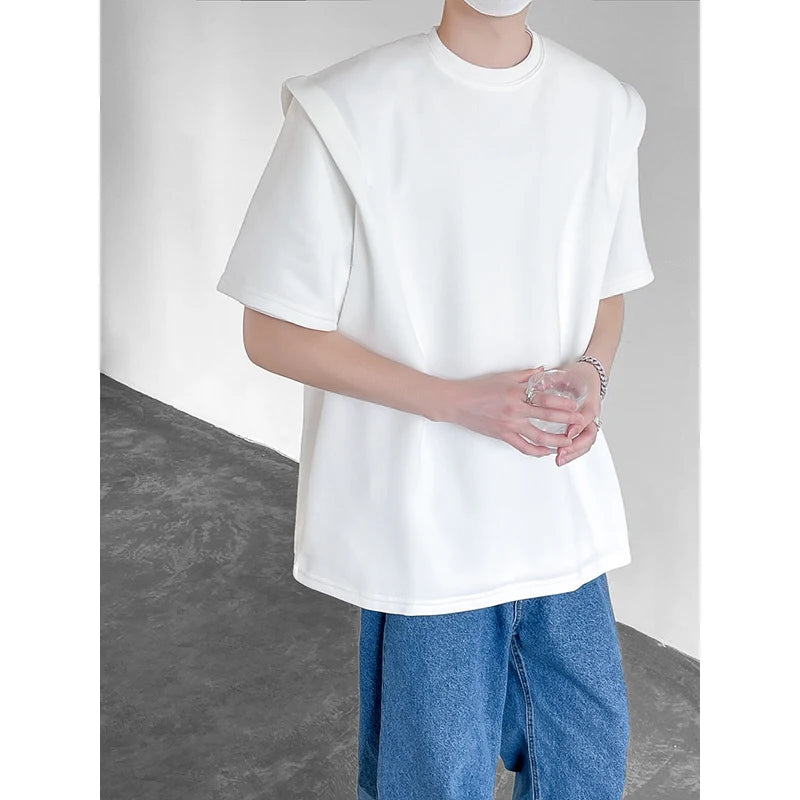 Summer T Shirt Men Fashion Black White Casual Short Sleeved T-shirt Men Streetwear Korean Loose Shoulder Pad T Shirt Mens Top voguable