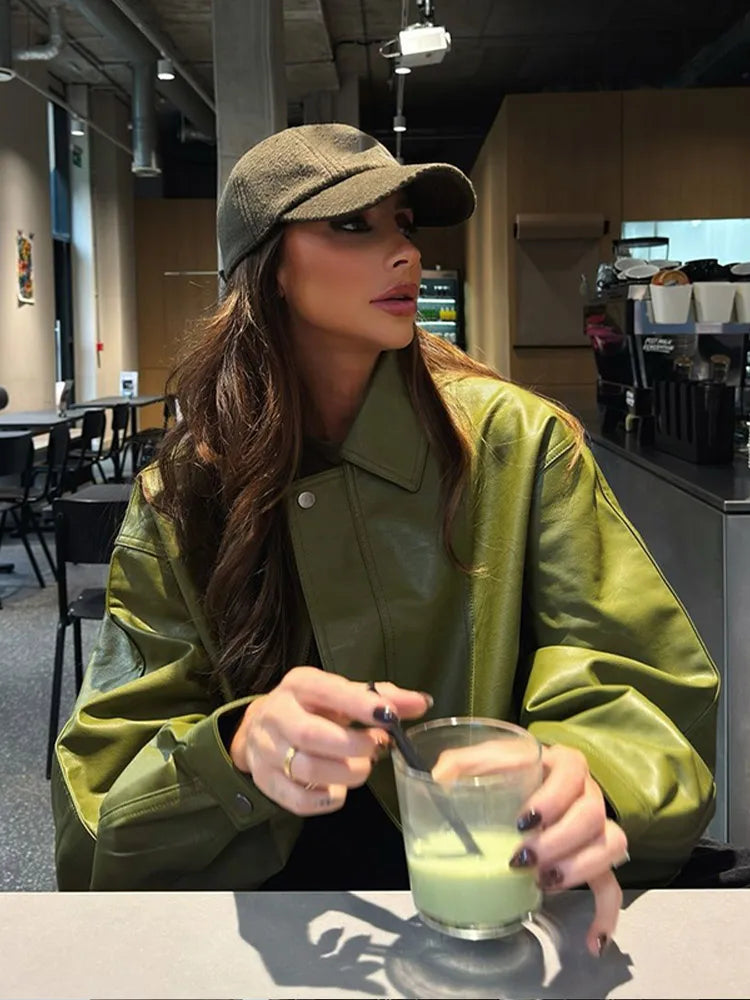 Fashion Green Leather Sleeve Loose Jacket Women Chic Laple Zipper Cropped Short Coats 2024 New Lady Casual High Street Outerwear voguable