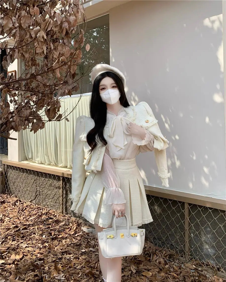 Voguable  Spring New French Vintage Tweed Two Piece Set Women Short Jacket Coat + Pleated Skirt Suits Korean Ladies Luxury Outfits voguable