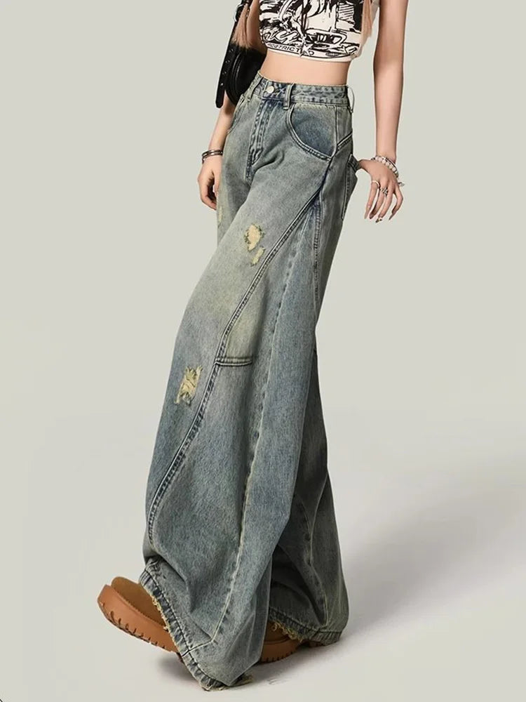Women Y2K Hole Jeans Streetwear American Retro High Waist Loose Denim Pants Casual Hip Hop Vintage Pockets Lady Gothic Trousers voguable