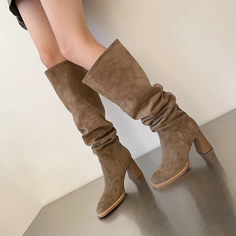 Suede Daily Botas Round Toe Autumn Winter Woman Boots Cowgirls Western Boots Woman Slip on Simple Pleated Knee-High Shoes voguable