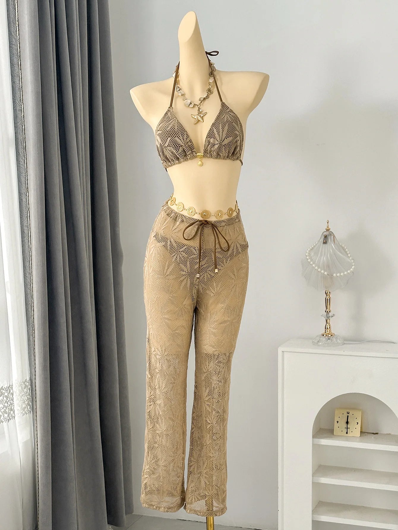 Voguable  Women Leaf Hollow Mesh 3 Piece Bikini Set Halter Triangle Top Drawstring Sheer Wide Leg Cover Up Pants Beach Swimwear Bikinis voguable