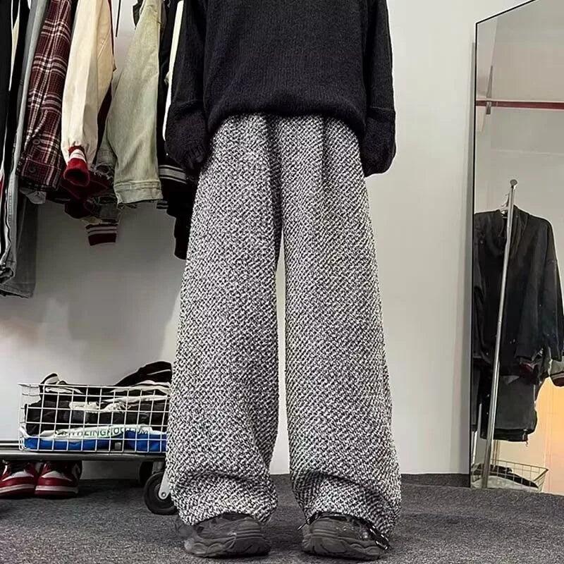 Voguable  Tweed Style Men's Casual Pants Loose Fit American Style Fashion Brand Spring Season Straight Leg Bell Bottoms voguable