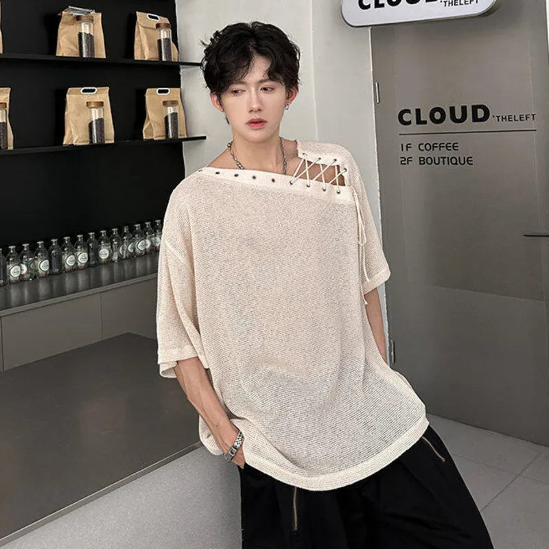 Korean Style Men's T-shirts Short Sleeve Casual Lace-up Design Solid Color Tees Hollow Out Loose Male Tops Summer 9W3719 voguable