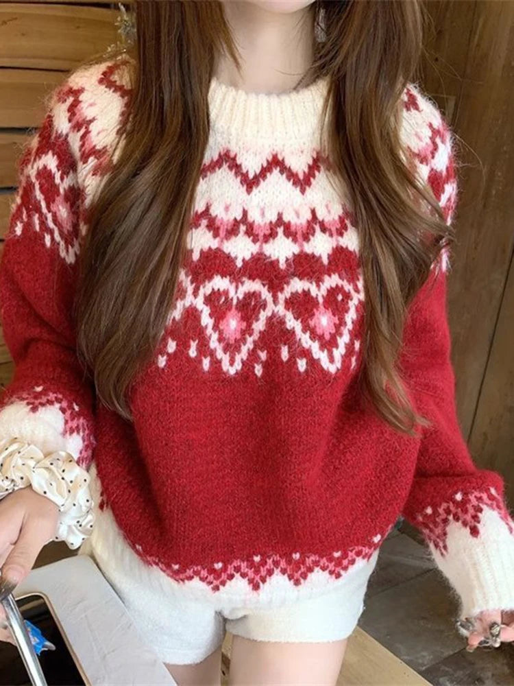 Women Retro Print Christmas Red Sweater O Neck Casual Long Sleeve Sweet Knitted Jumper Vintage Lazy Wind Loose Japan Cute Tops voguable