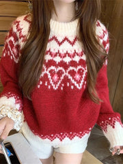 Women Retro Print Christmas Red Sweater O Neck Casual Long Sleeve Sweet Knitted Jumper Vintage Lazy Wind Loose Japan Cute Tops voguable