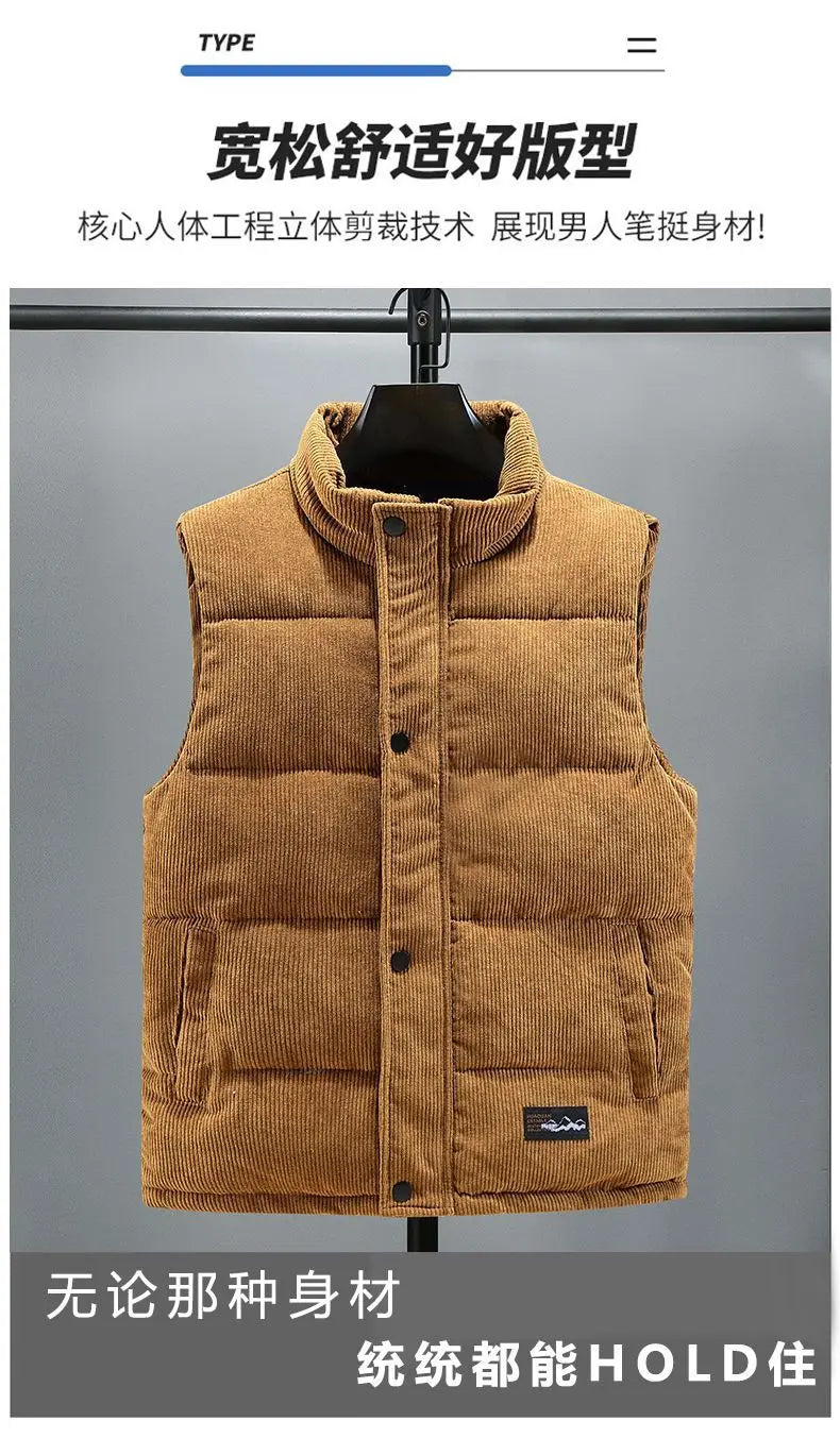 Vests Jacket Men Autumn Winter Stand Collar Warm Sleeveless Leisure Down Cotton-Padded Vest Coat Thickened Corduroy Warm Coat voguable