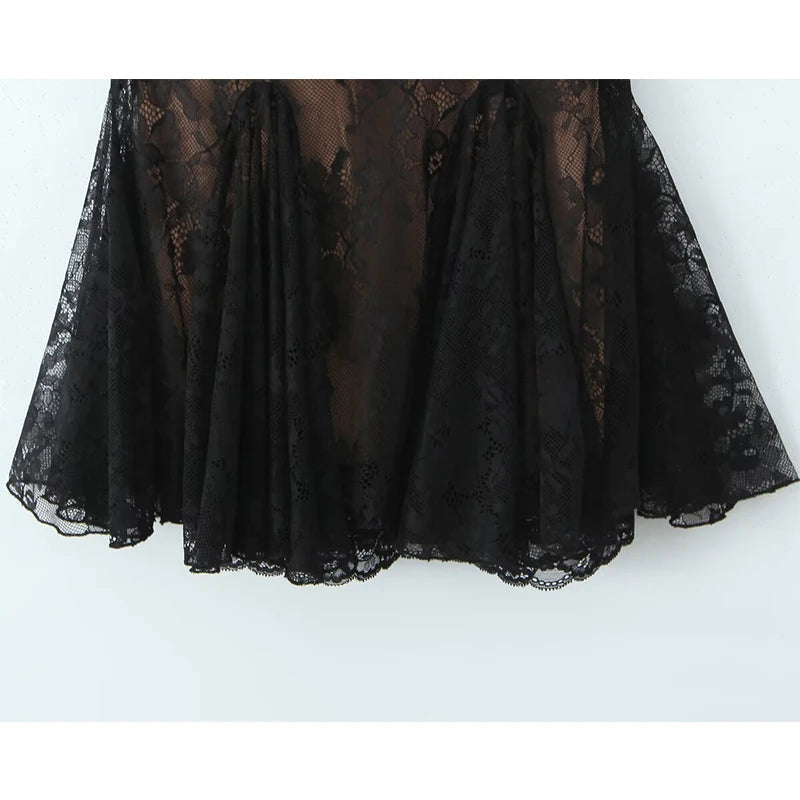 New Fashion Women Spaghetti Straps Lace Sexy Dresses Black Beige Backless Hollow Out A-line Mini Dress Night Out Robe voguable