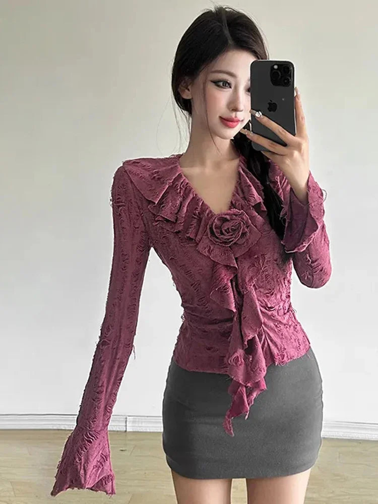 3D Floral Ruffles Y2K T Shirts Women Slim Long Sleeve Hole Gothic Tops Streetwear Harajuku Vintage Lady V Neck Design Tees voguable