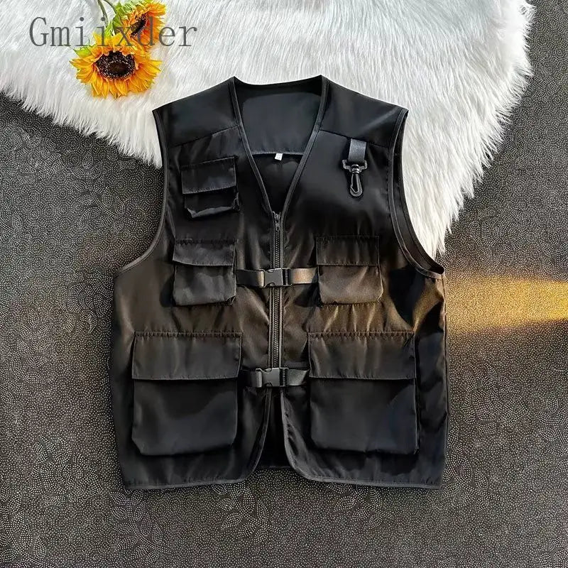 Voguable  Japanese Cargo Multi Pocket Camisole Vest Cardigan for Men's Summer Oversized Tank Top Punk Streetwear Zipper Waistcoat voguable