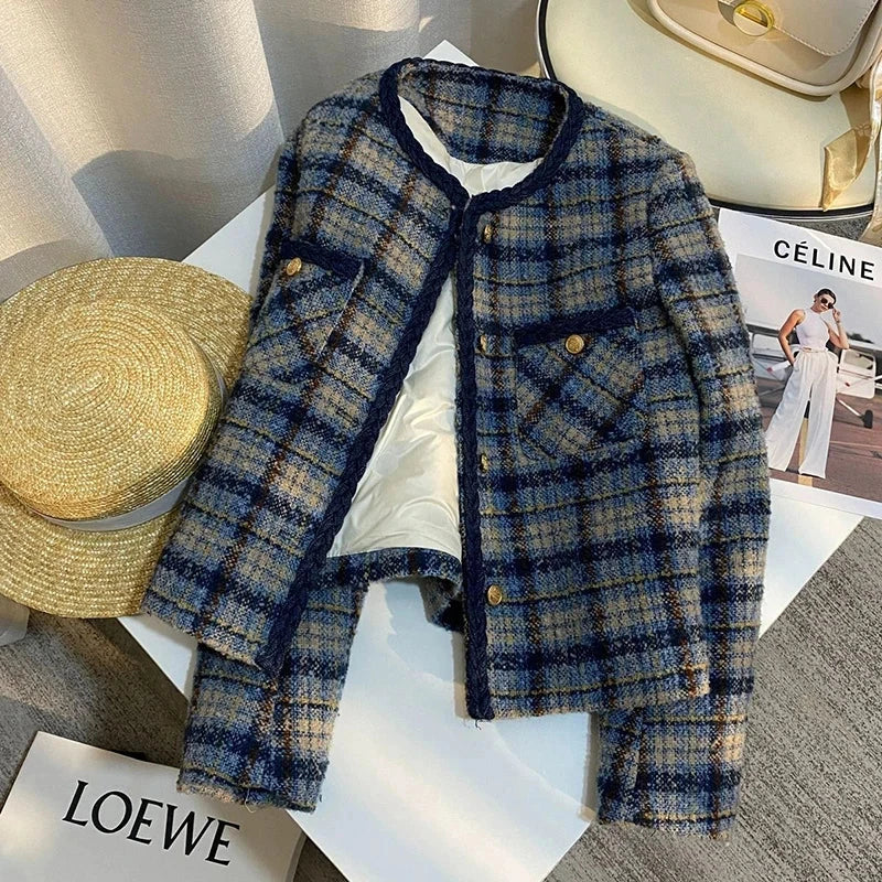 Thick Warm Elegant Tweed Jacket Women Slim Vintage Long Sleeve Winter Coat Korean Casual O Neck Female Retro Sweet Tops New voguable