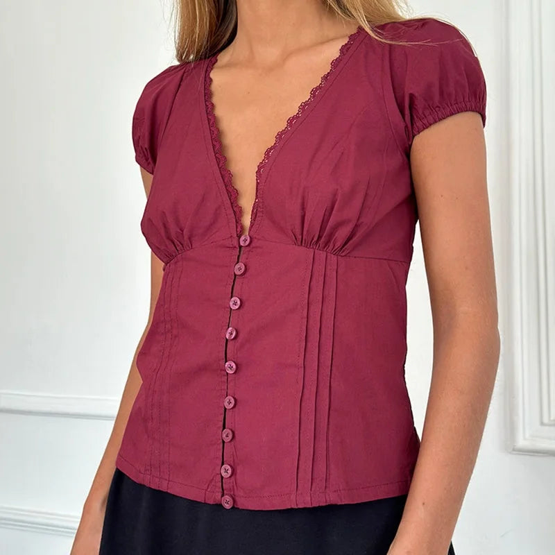 Coquette Shirt y2k Clothes Women Deep V Neck Lace Trim Single Breasted Short Sleeve Blouse Crop Top Club Streetwear voguable