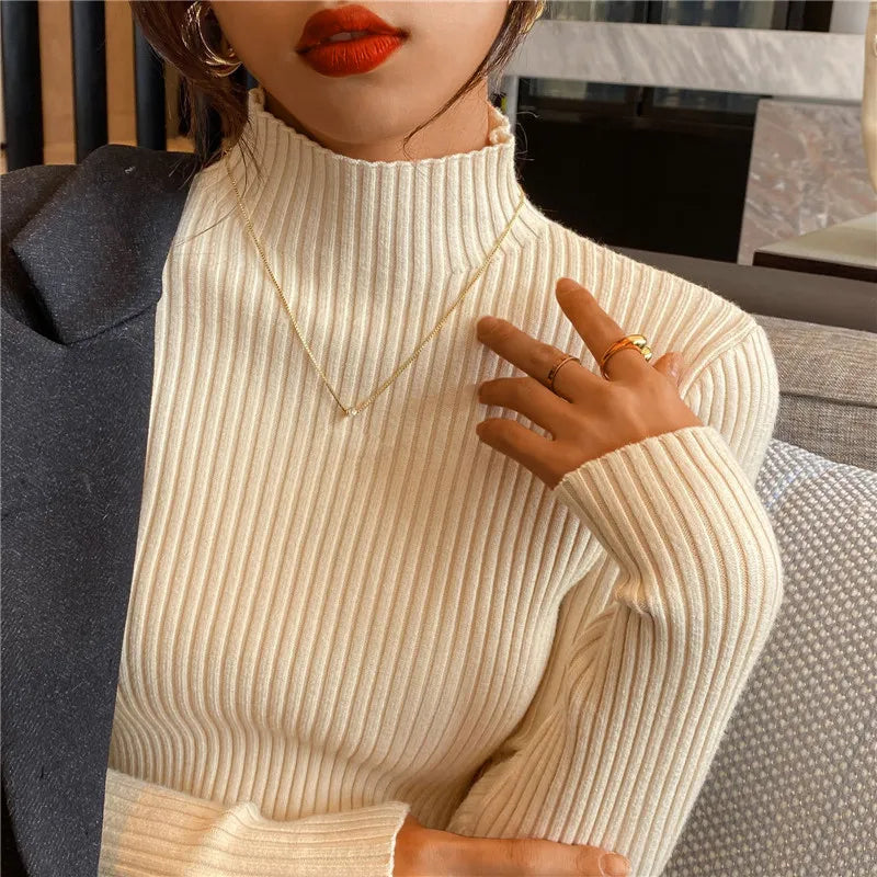 Elegant Solid Basic Knitted Tops Women Turtlneck Sweater Long Sleeve Casual Slim Pullover Korean Fashion Simple Chic Clothes voguable