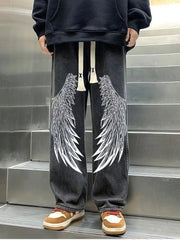 Voguable  Black Y2k Feathers Print Jeans Men Streetwear Straight Wide Leg Baggy Denim Pants Techwear Fashion Hip Hop Drawstring Sweatpants voguable