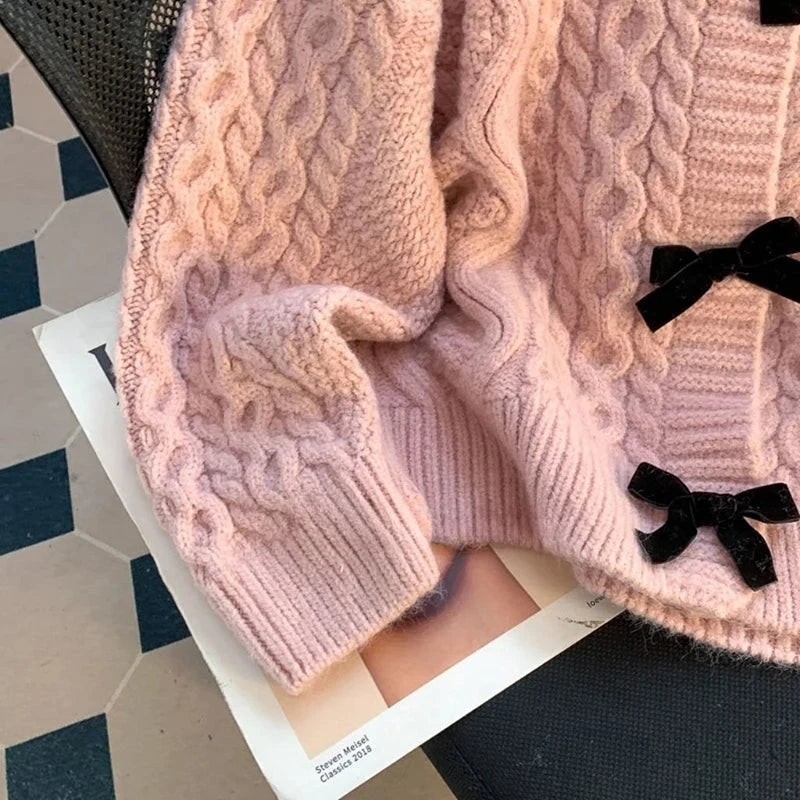 Preppy Style Bow Sweet Cardigan Women Cute Long Sleeve Solid Knitted Sweaters Casual Vintage O Neck Lady Fall Winter Top Outwear voguable