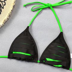 Voguable  Sexy Black Patchwork Micro Bikini  Women Neon Green Strap Push Up Bra Tie Side Thong Swimsuit Beach Bathing Suit Swimwear voguable