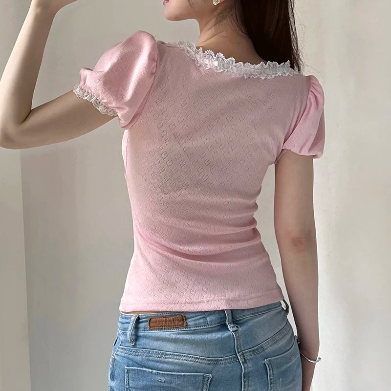 Voguable Coquette Aesthetic Jacquard Heart-shape T-shirt Women's Summer Y2K Japanese Kawaii Contrast Lace Stitching Bow Tops New voguable