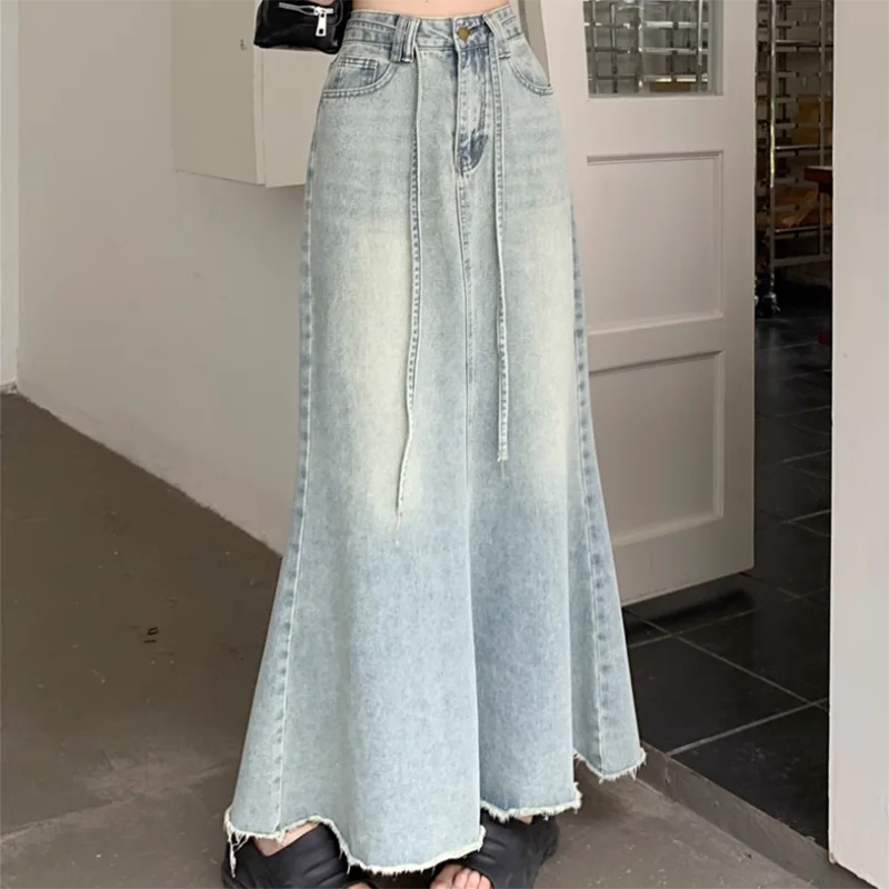 Voguable  Women's High Waist Long Skirt Korean Style Solid Color Loose Fit Denim Half-Body Fishtail Summer Fashion Design New Arrivals voguable