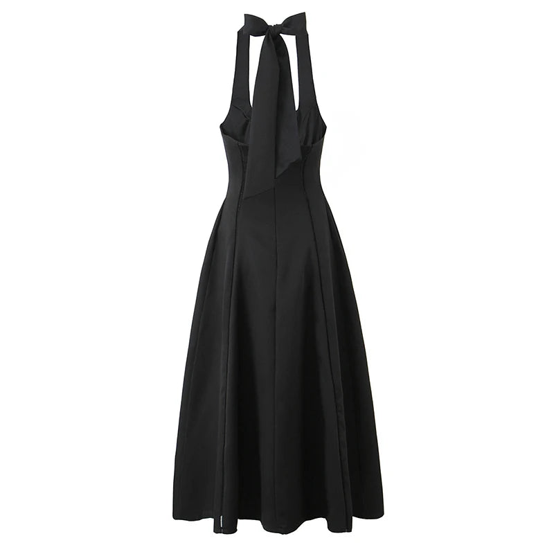 Vintage Elegant Black White Halter Midi Long Dresses Women A-line Slim Sexy Backless Dress Female Summer Party Robe voguable