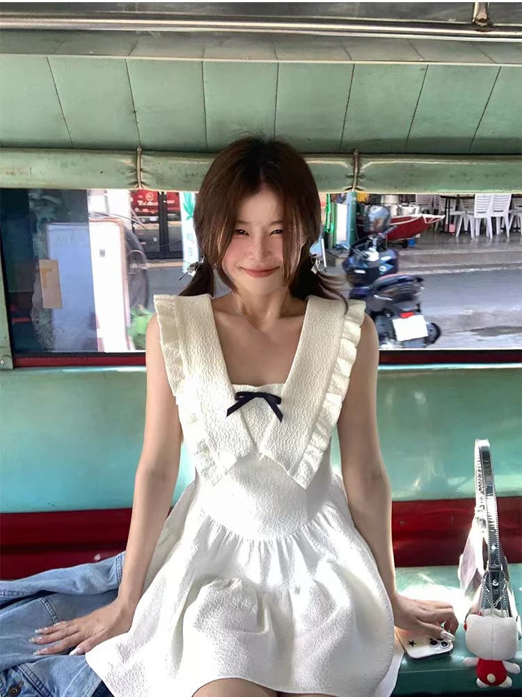 Voguable  Preppy Style Design White One-Piece Frocks Sleeveless Off Shoulder Party 90s Women Sweet A-Line Dress Casual Bow Vestidos New voguable