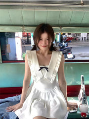 Voguable  Preppy Style Design White One-Piece Frocks Sleeveless Off Shoulder Party 90s Women Sweet A-Line Dress Casual Bow Vestidos New voguable