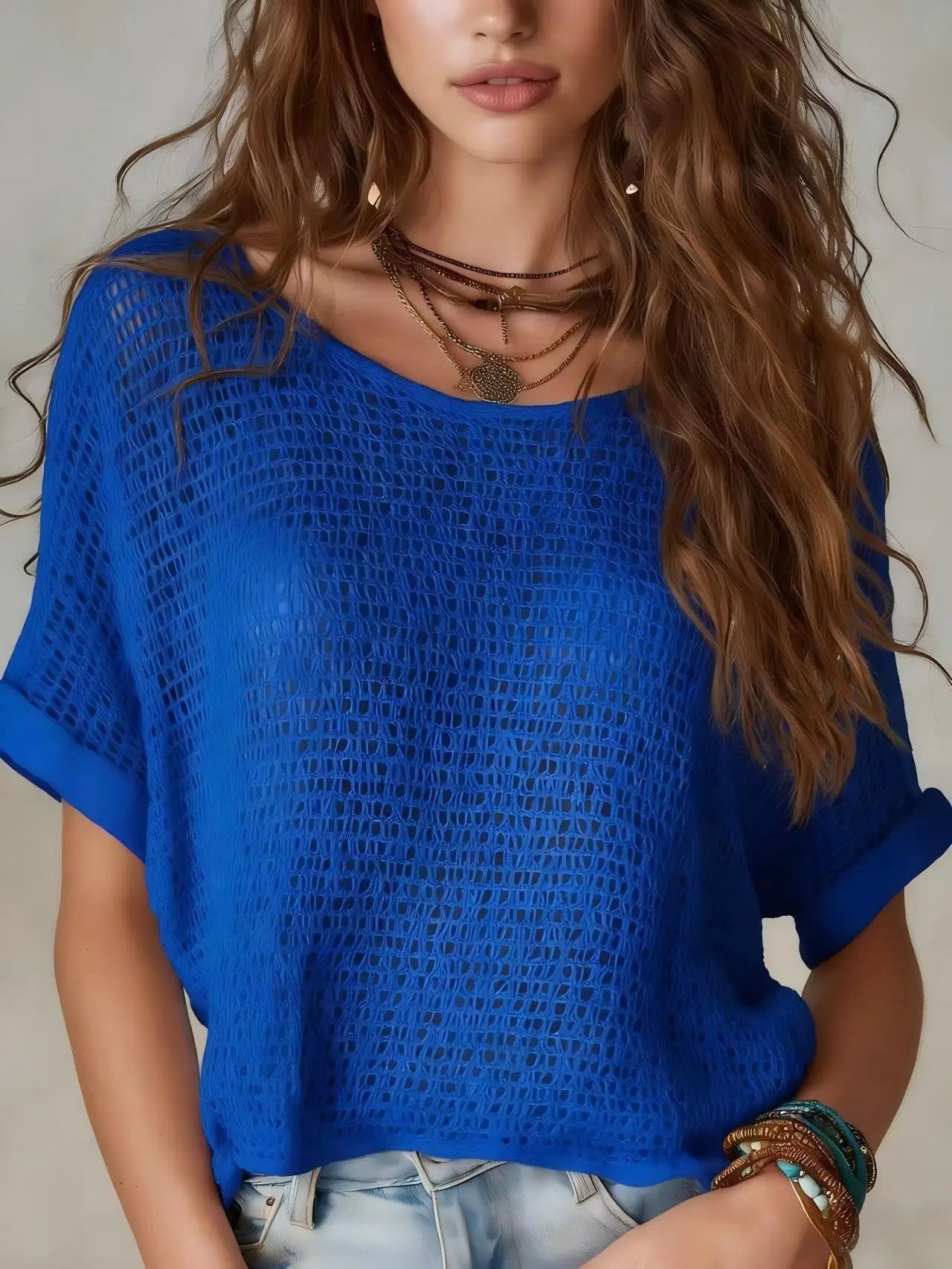 Voguable  Hollow Out Round Neck Casual Loose Fit See-Through  Knitted T-shirt Summer New Solid Color Short Sleeved Pullover Top for Women voguable