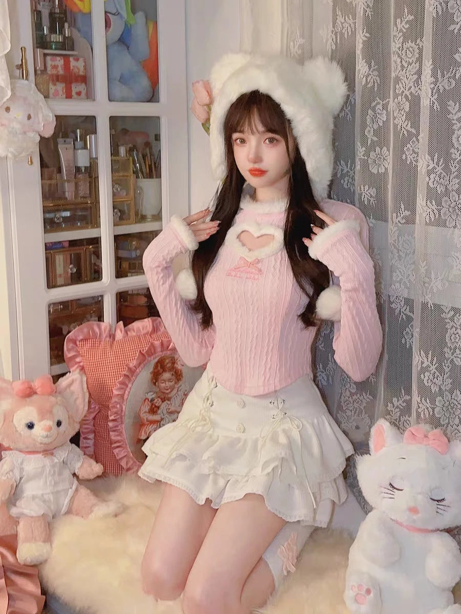 Voguable Heart Design White Pink Japanese Kawaii Lolita Blouse Cropped Hollowed Out Slim Knitted Long Sleeve Sweet Bandage Casual Shirt voguable