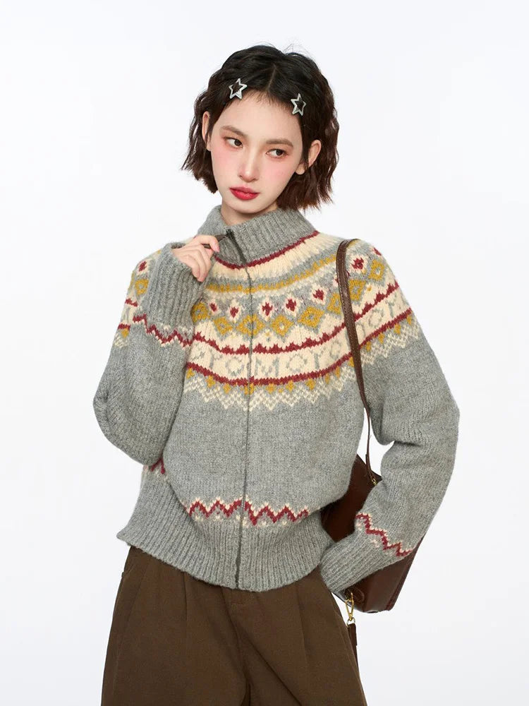 Vintage Harajuku Print Cardigan Sweaters Women Soft Streetwear Long Sleeve Knitted Jacket Retro American Casual Zipper Gray Tops voguable