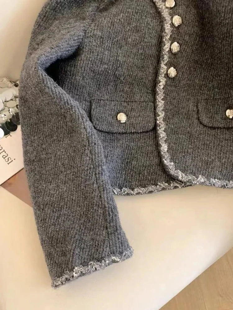 Gray Faux Woolen Coat Women Elegant Slim Vintage Long Sleeve Coat Casual O Neck Korean Retro Female Fall Winter Tops New voguable