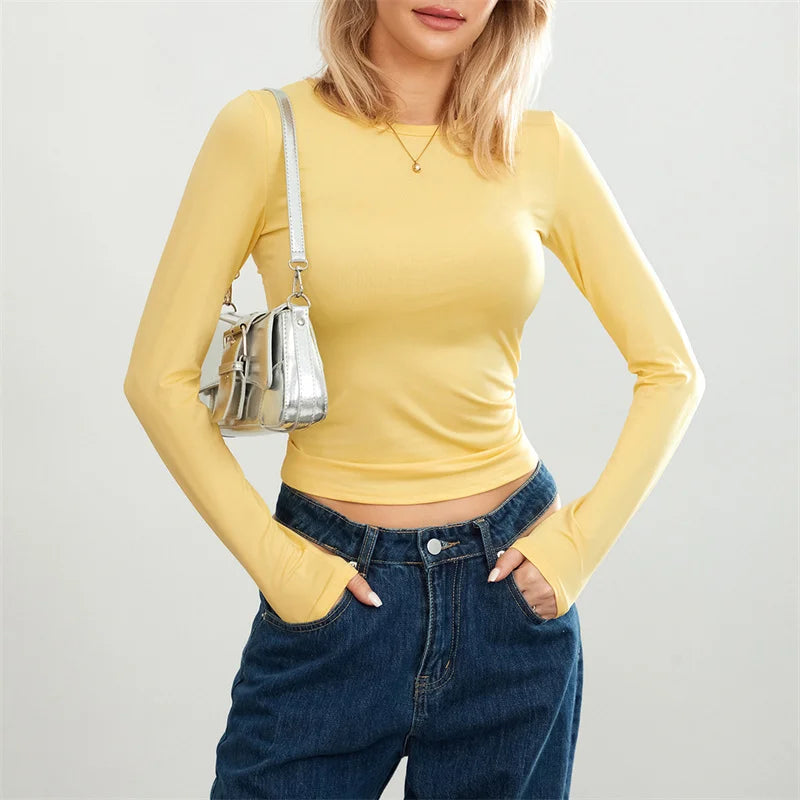 y2k Crop Tops Women Spring Autumn Solid Color Round Neck Long Sleeve Tshirt 2000s Tees Casual Clothing Streetwear voguable