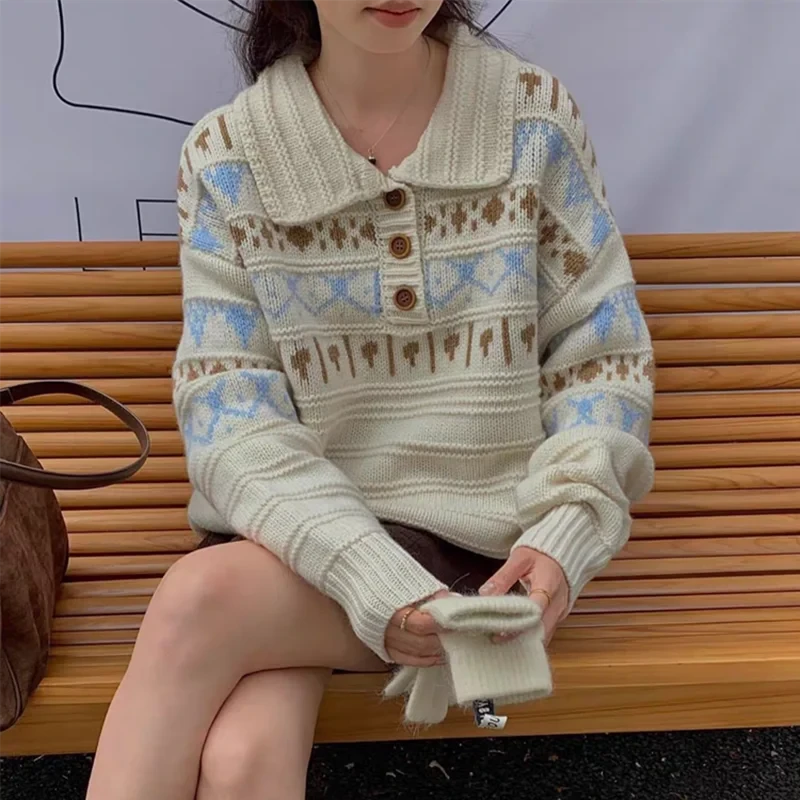 Retro Women Print Sweater Casual Korean Lazy Wind Sweet Knitted Jumpers Fall Winter Lady Long Sleeve Vintage Soft Pullover voguable