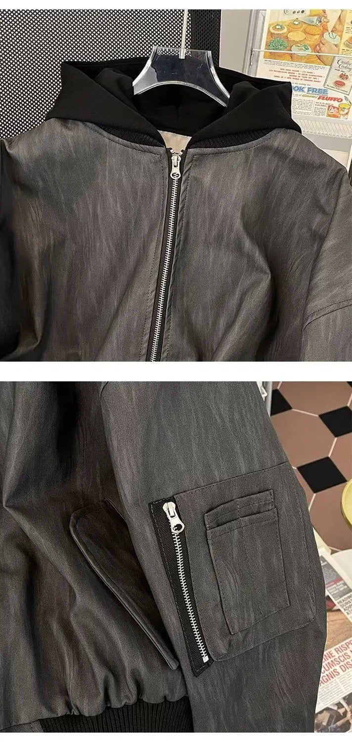 American Double Zipper Jacket Men's Hip Hop Simple Varsity Jacket Loose Fake Two Piece Hooded Outdated PU Leather Coat voguable