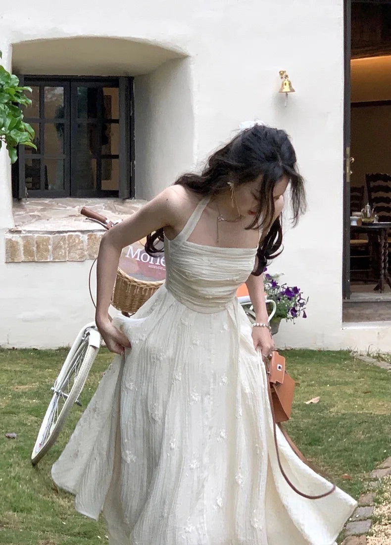 Voguable  Summer Fairy Backless Slash Neck Embroidery Suspender Dresses Women High Waist Chiffon Slim Fit Lolita Style White Dress voguable