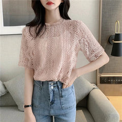 Voguable  Elegant Hollow Out Lace Shirt Woman Summer Sheer O-Neck Short Sleeve T-shirt Women Loose Crochet Flower Sun Shirts Ladies Tops voguable