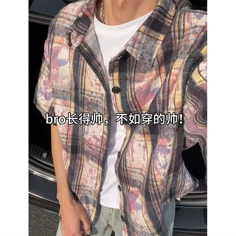 Summer Short Sleeved Shirt Men Retro Plaid Shirt Men Streetwear Hip-hop Loose Tie Dye Shirt Man Fashion Shirts Plus Size 4XL voguable