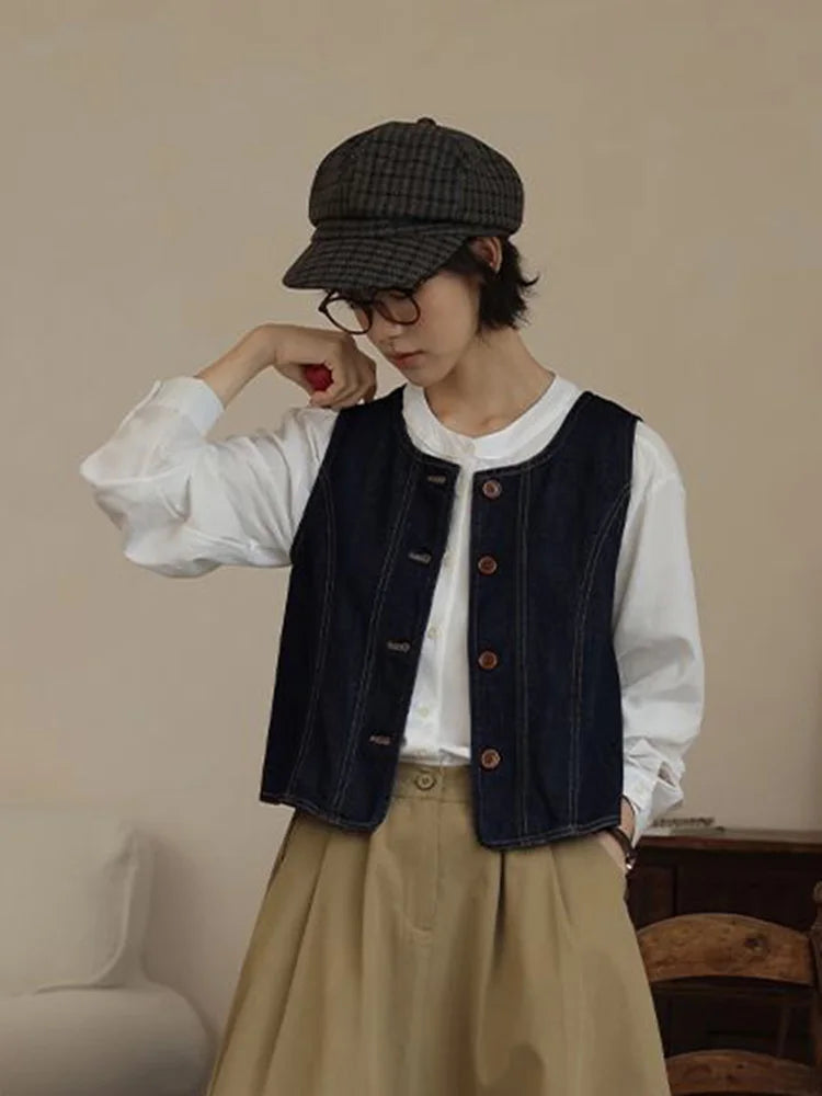 Y2K Retro Harajuku Denim Vest Women Slim Streetwear American Vintage Vest Jacket Fall O Neck Sleeveless Female Solid Vest Tops voguable