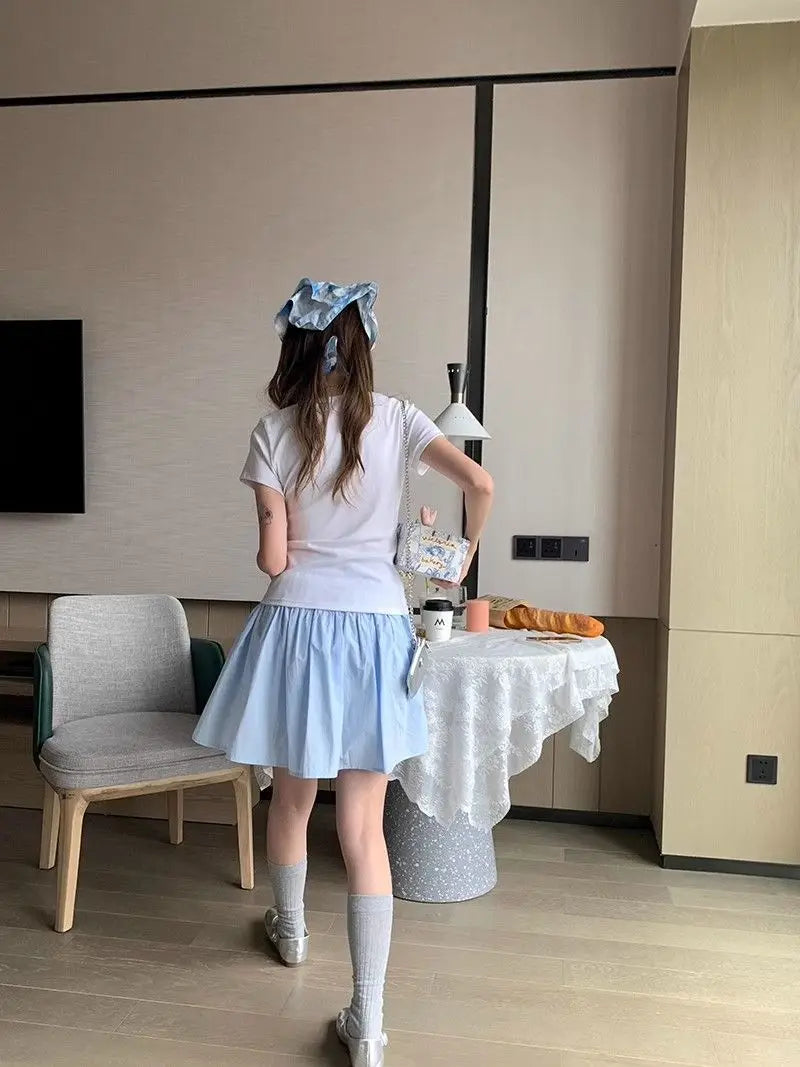 Cotton Casual Short A-line Skirt for Women High Waist Blue Elastic Waist Tie bow Sweet Loose Sports Skirt with Safety Shorts voguable