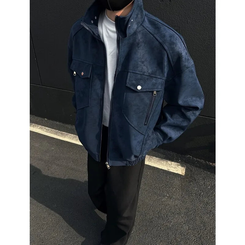 Mens Short Stand Collar Motorcycle Jacket Patchwork Cargo Biker Coat Spring Outdoor Riding Fashion Streetwear Urban Trendy voguable