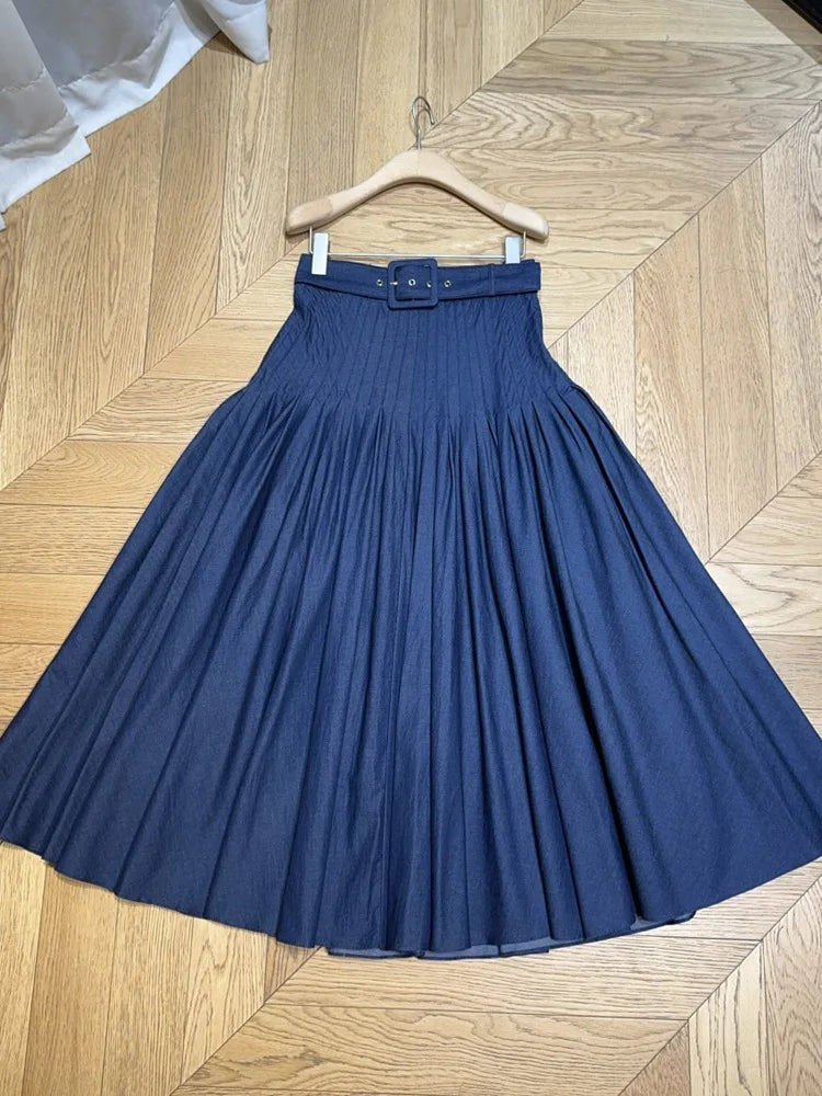 Fashion Pleated Denim Skirt Women's High Waisted Large Swing Long Skirts 2025 Summer New Tide voguable
