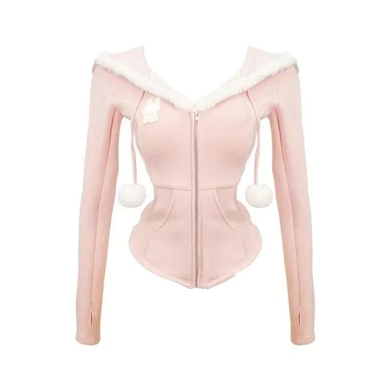 Voguable 2024 New Japanese Style Kawaii Cute Suit Woman Cashal Vest + Slim Mini Skirt + Hooded Pink Fashion Coat Sweet 3 Piece Set Chic voguable