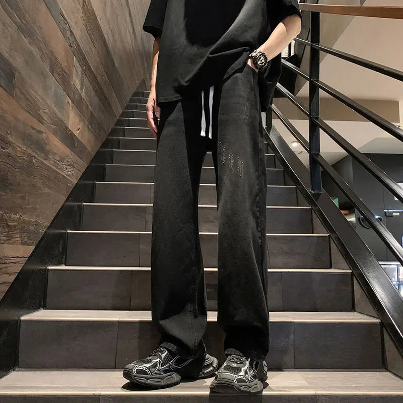 Straight Jeans men Elastic waist Spring New Vintage Casual Baggy Jeans Korean Youth Trousers Classic Wide Leg Denim Pants