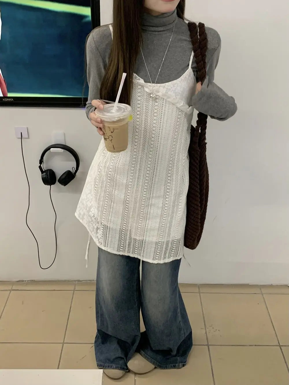 Voguable 2024 Spring New Korean Hollow Loose Casual Asymmetric Lace Sling Dress Women + Solid Color Long-sleeved T-shirt Two-piece Suit voguable