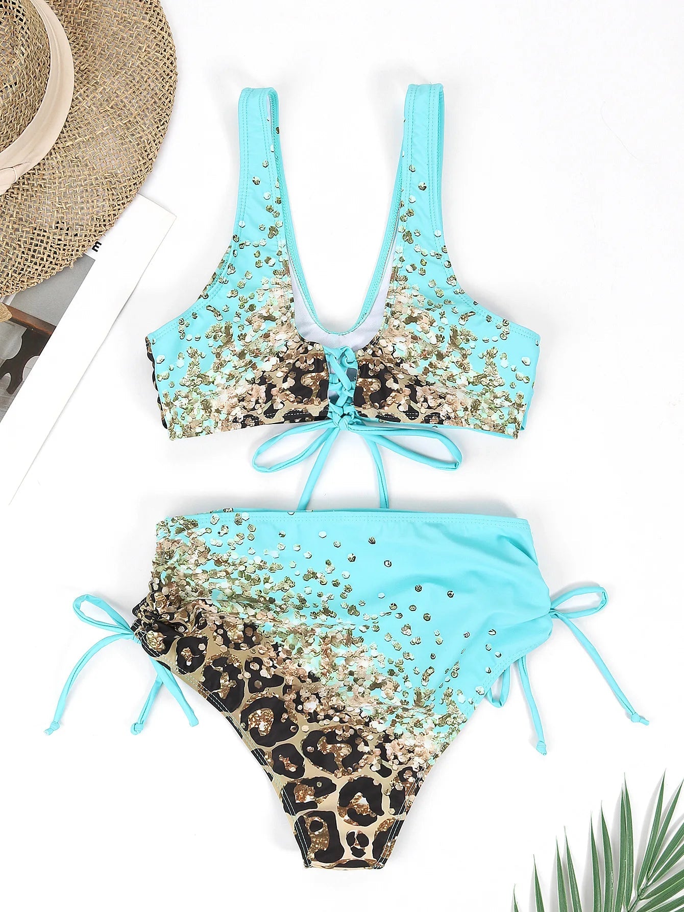 Voguable  Drawstring V Neck High Waist Bikini Women Printed Swimwear Female Swimsuit Bathers Bathing Swimming Suit Beachwear Summer voguable