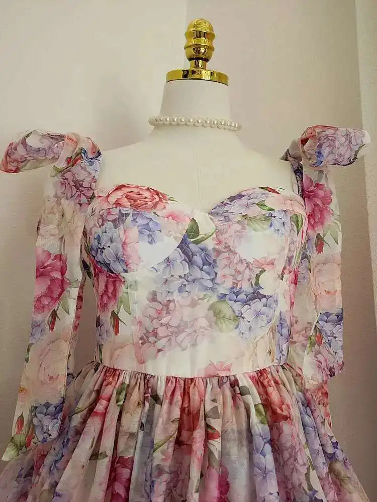 Fashion Women Dress Full Sleeve Square Collar Print Lace Up Bow Female Party Dress New Tide voguable