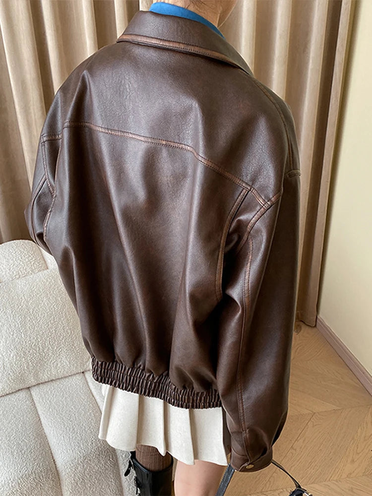 Vintage Maillard Leather Jacket Silhouette Craft PU Leather Motorcycle Jacket Top Women Loose Thickened Brown Coat Spring Autumn voguable