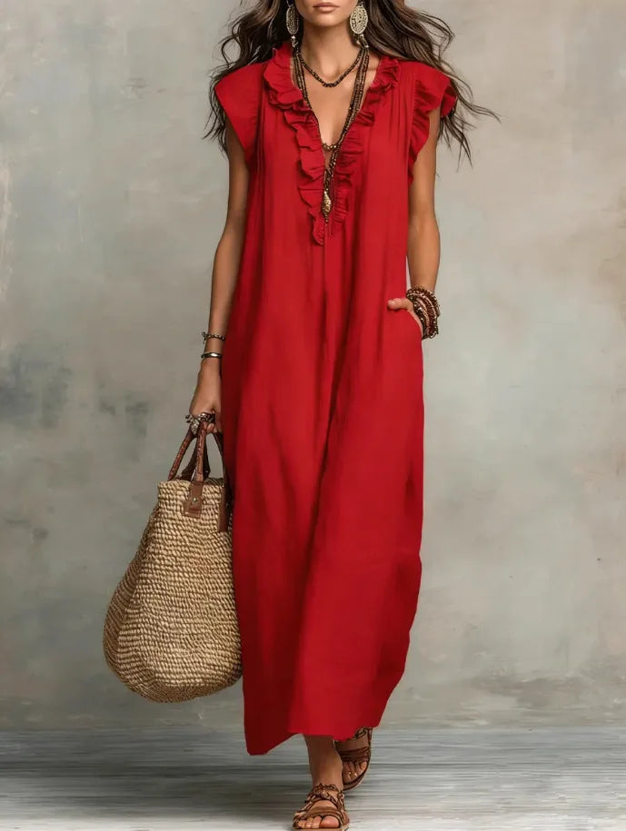 Voguable  New Ruffles V-neck Casual Solid Color Straight Tube Long Dresses Summer Casual Loose Fit Flying Sleeve Pocket Women's Dress voguable